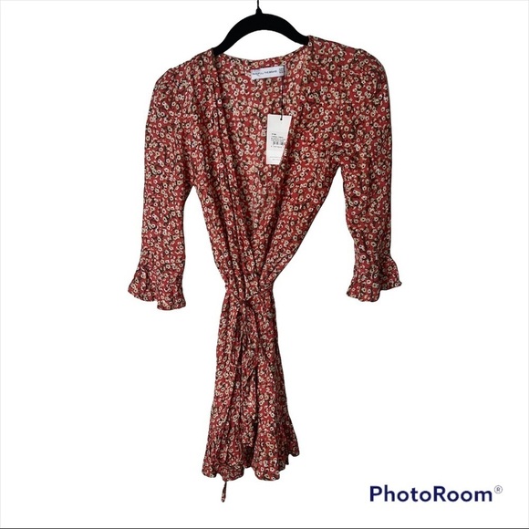 NWT FAITHFULL THE BRAND Floral Carmel Mini Wrap Dress Blossom Village Size 2/XS - Picture 6 of 9
